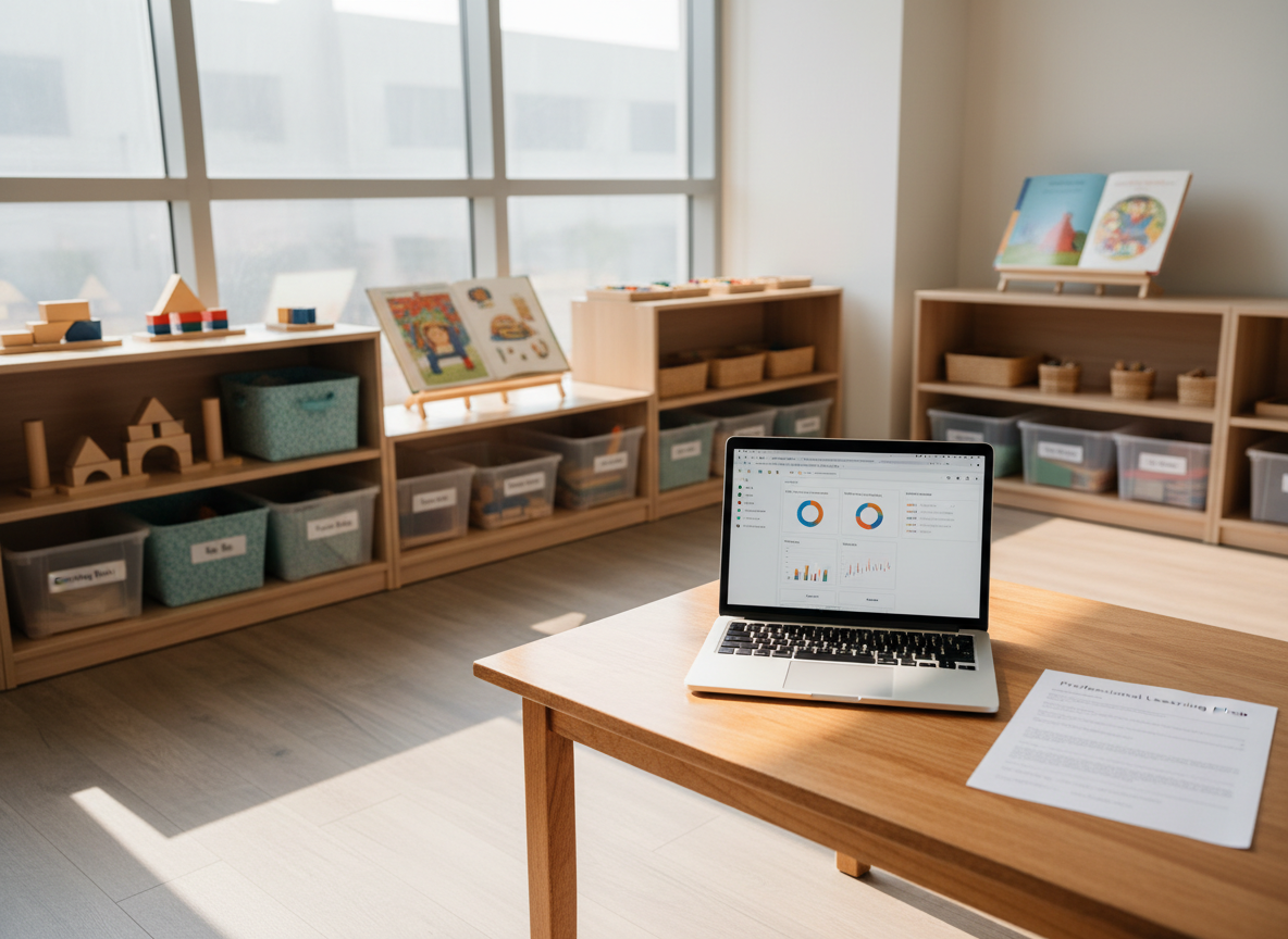 A spacious, light-filled early childhood learning studio with low wooden shelves neatly arranged with colorful, research-informed learning materials: wooden blocks, textured fabric baskets, clear labeled bins of manipulatives, and open picture books propped on stands. On a central, natural wood table lies an open laptop displaying a clean data dashboard and a printed professional learning plan with annotated margins. Soft morning sunlight filters through large windows, creating gentle highlights on the wood grain and soft shadows on the floor. The mood is calm, professional, and optimistic. Photographed at eye level with a moderate depth of field so the table is in sharp focus while the background shelves blur slightly, emphasizing a clean, modern, photographic realism aesthetic that bridges child-centered environments and adult learning design.