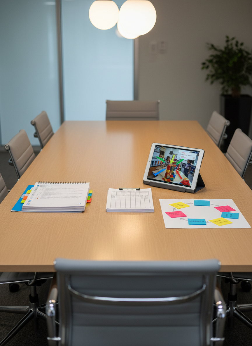 A polished conference table made of light oak, carefully staged with early childhood professional learning artifacts: a spiral-bound facilitator guide with colorful tabs, neatly stacked observation forms, a tablet displaying an annotated video clip of a classroom, and a set of color-coded sticky notes forming a visible coaching cycle diagram. Around the table, empty ergonomic chairs imply a coming team session. Soft overhead pendant lighting combines with diffused daylight from an unseen window, creating an even, professional illumination with subtle reflections on the tablet screen. The atmosphere is focused and collaborative, yet calm and organized. Captured from a slightly elevated angle with the table placed on the rule of thirds, shallow depth of field gently blurring the far edge of the room, in a clean, modern, photographic style suitable for a learning design portfolio.