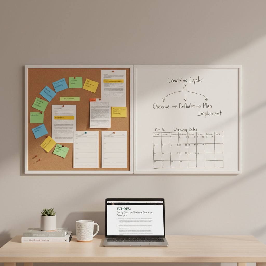 A thoughtfully organized instructional coach’s workspace featuring a large corkboard and whiteboard combination mounted on a matte neutral wall. The corkboard holds color-coded index cards mapping out a yearlong professional learning arc, printed research summaries with highlighted sections, and neatly pinned goal-setting templates. The whiteboard displays a clearly written coaching cycle diagram and a calendar of workshop dates. Below, a minimalist desk holds a laptop with an open slide deck, a stack of early childhood research books, and a ceramic mug beside a small potted plant. Soft afternoon window light casts balanced, natural illumination, creating gentle shadows under paper edges. Photographed straight on with sharp focus throughout, emphasizing clarity and structure, the mood is intentional, reflective, and professional, in a photographic realism style that showcases thoughtful planning and design.